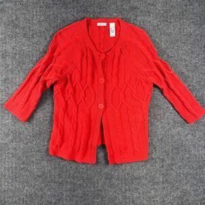 Liz & Co Cardigan Sweater L Red Cable‎ Knit Button Front 3/4 Sleeve Classic Cozy